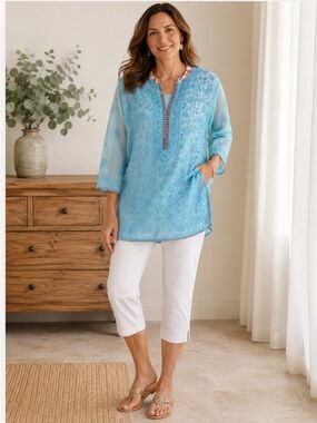 Hand Embroiderd Shadow Work Blue Top Fine Sheer Cotton Fabric Summer Wear